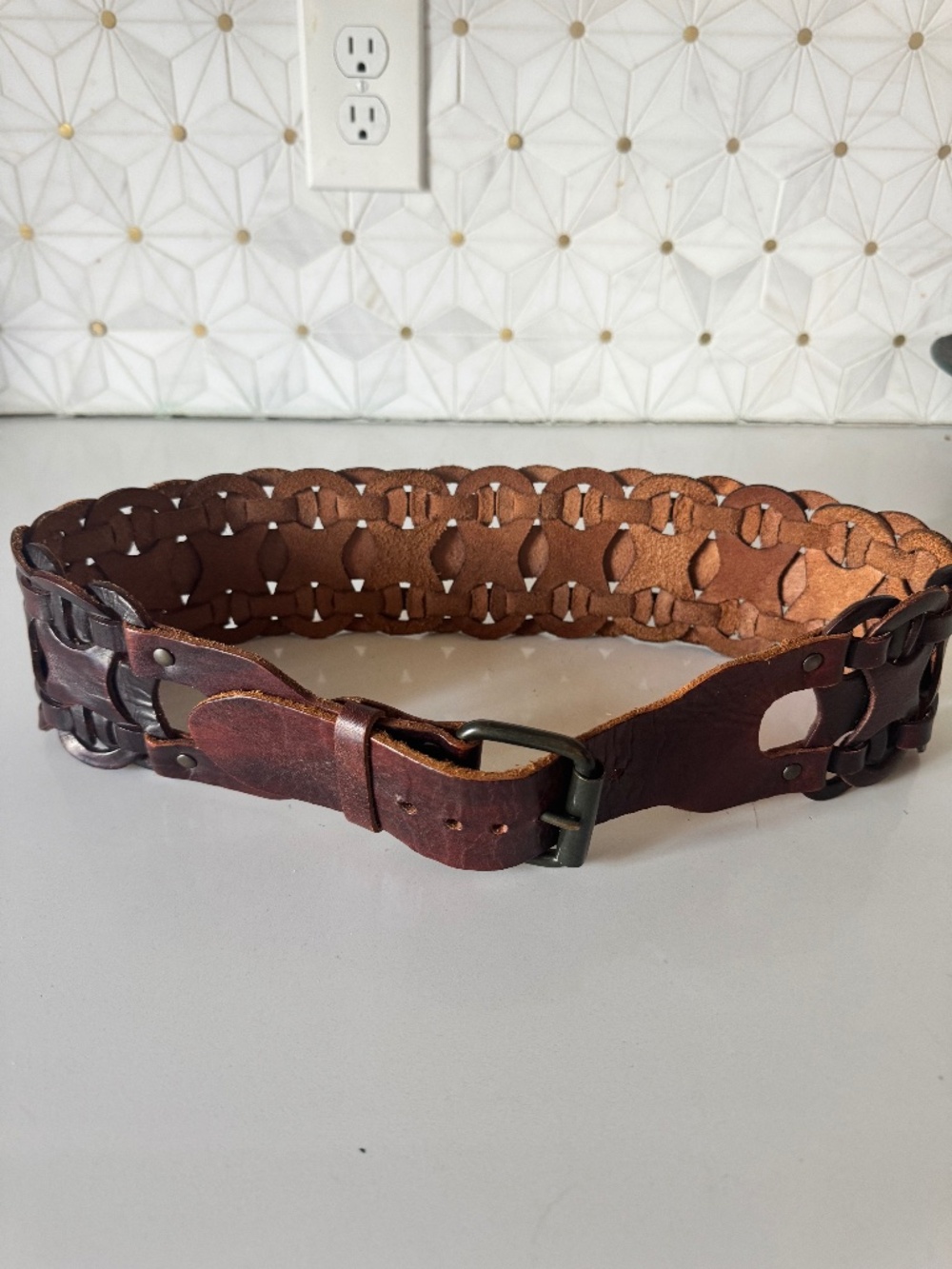 The Limited Women's Brown Genuine Leather Braided Brass Buckle Belt 3"W size S